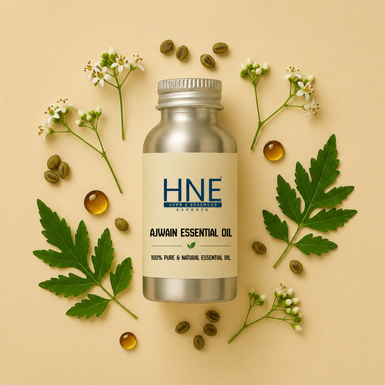 Aluminium bottle of HNE Ajwain Essential  oil with leaves and flowers on a beige background