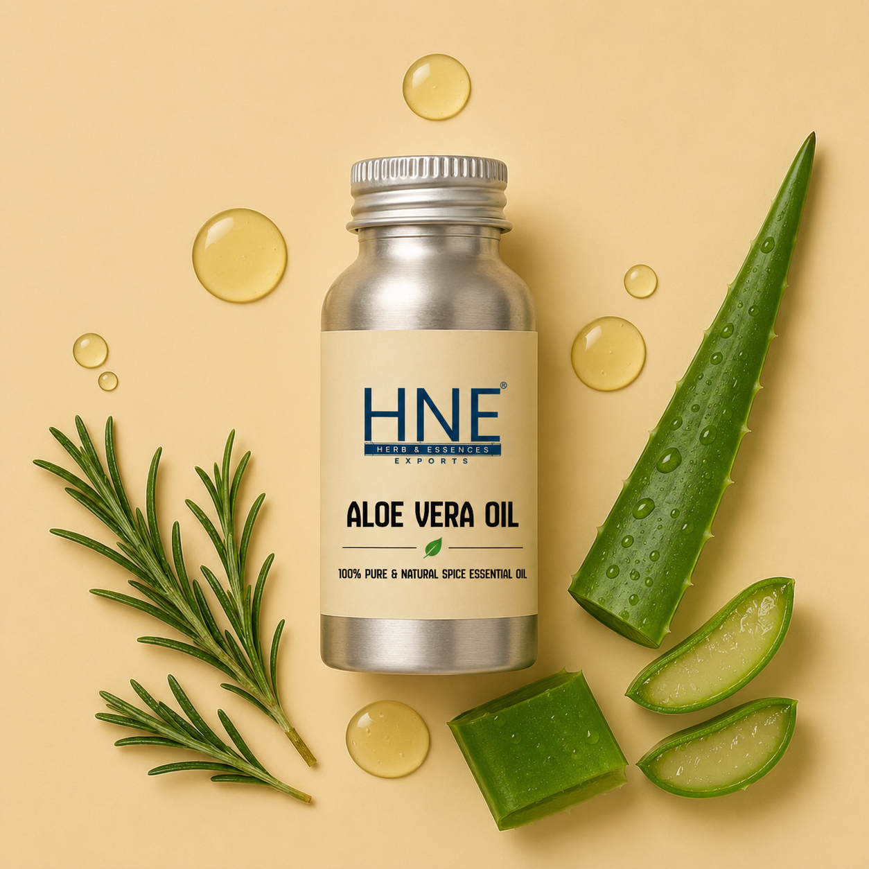 Aluminium bottle of HNE Aloevera Oil with leaves and Aloe vera on a beige background