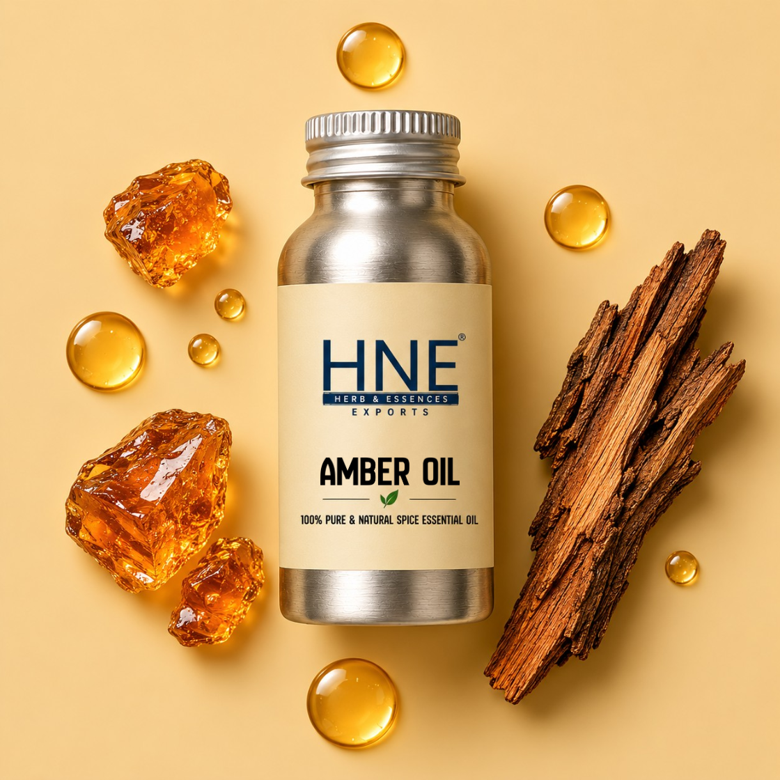 Bottle of HNE Amber Oil with amber crystals and wood on a beige background
