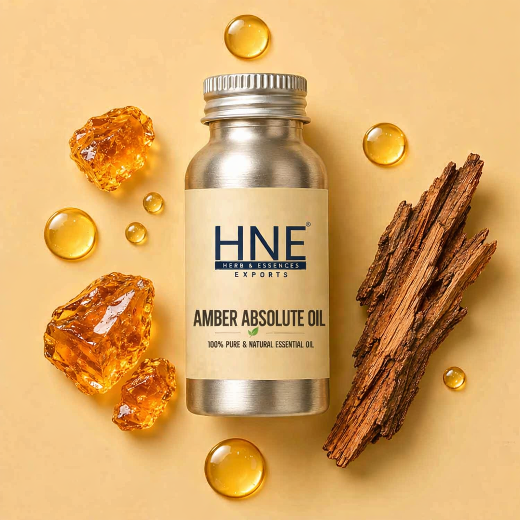Bottle of HNE Amber Absolute Oil with amber crystals and wood on a beige background