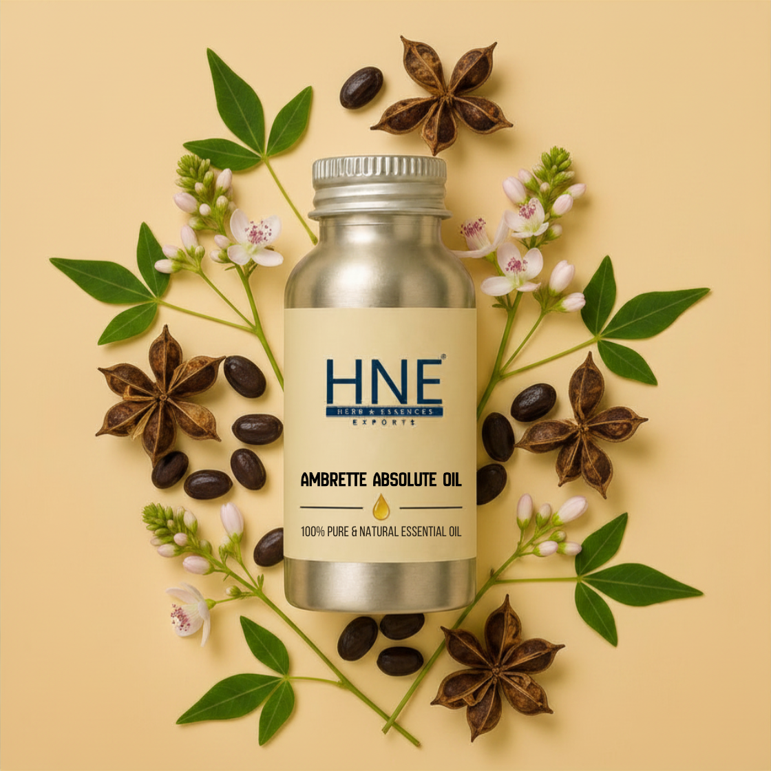 HNE Ambrette Absolute Oil bottle surrounded by flowers and leaves on a beige background