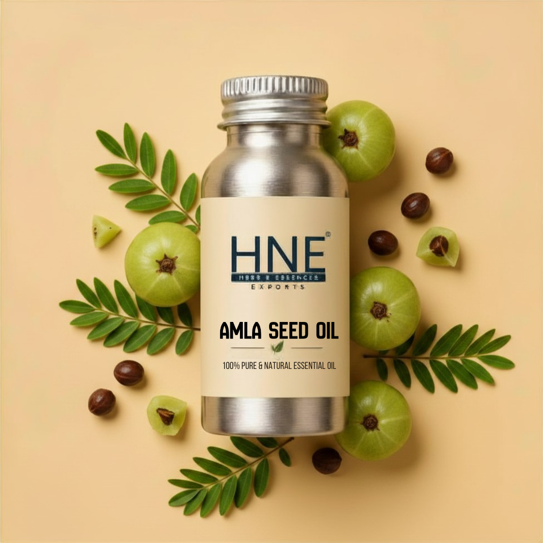Bottle of HNE Amla Seed Oil surrounded by amla fruits and leaves on a beige background