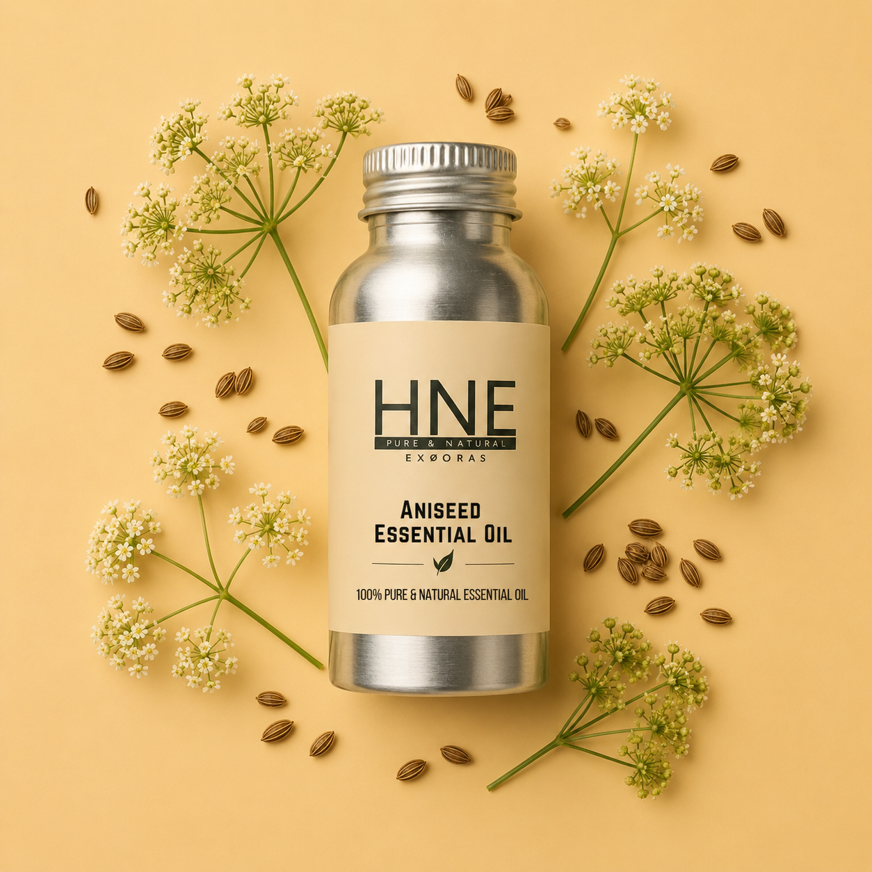 Aniseed essential oil bottle with seeds and flowers on a beige background