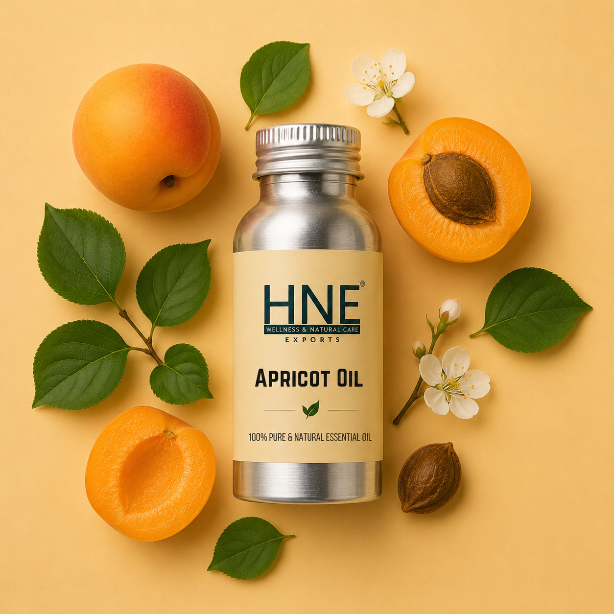 Bottle of HNE Apricot Oil surrounded by apricots and leaves on a yellow background