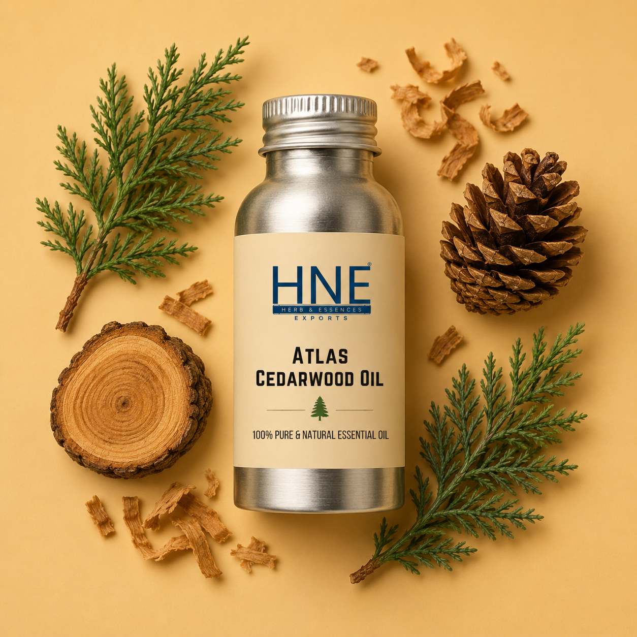 Atlas Cedarwood Essential oil bottle with natural elements on a beige background