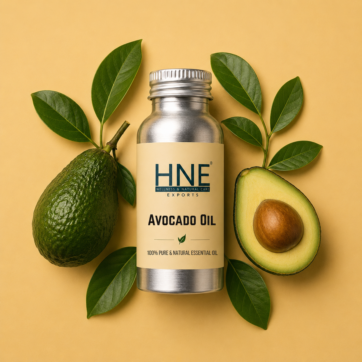 Bottle of HNE Avocado Oil with an avocado and its half on a yellow background