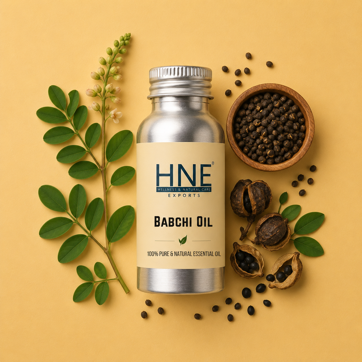 Bottle of HNE Babchi Oil with botanical elements on a yellow background