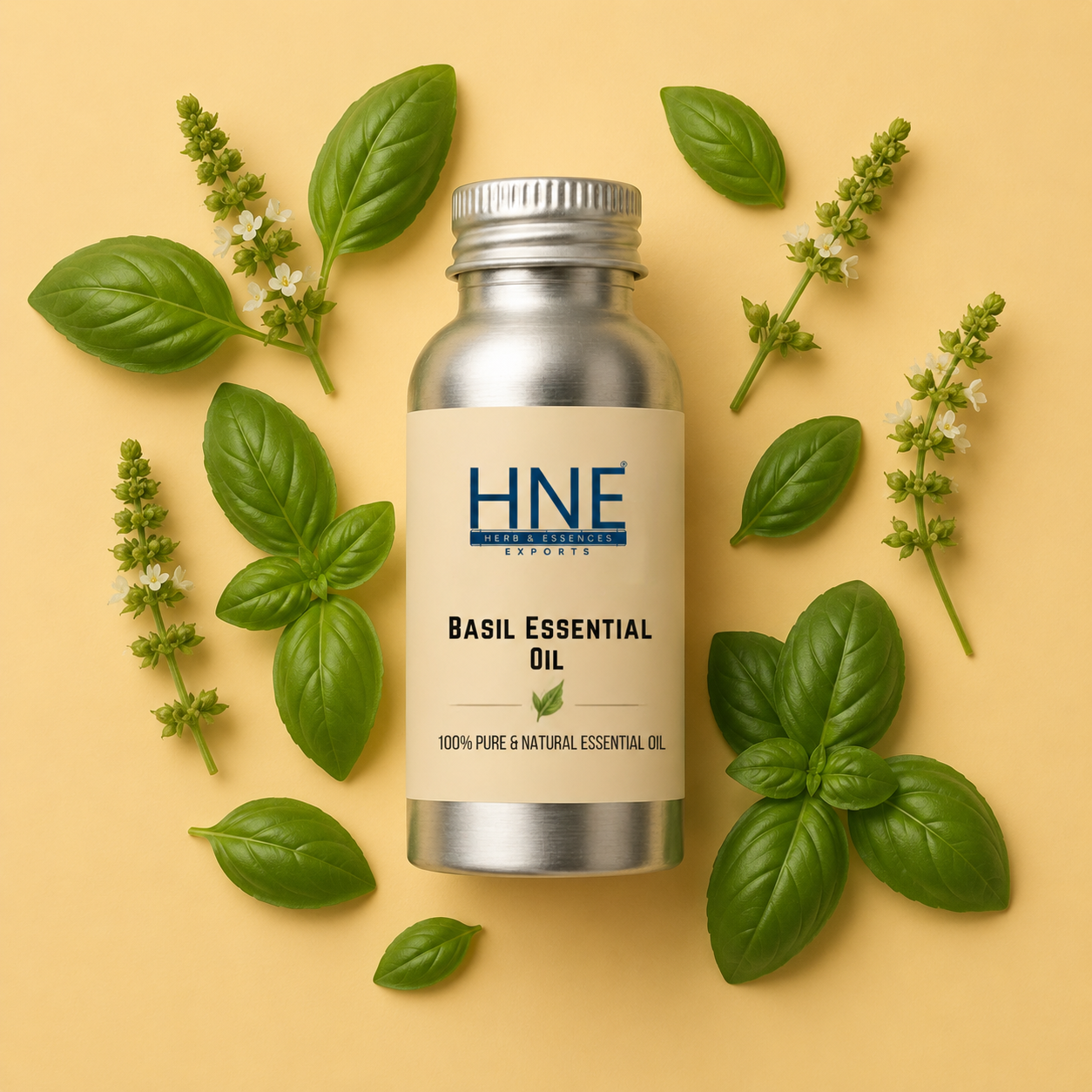Bottle of HNE Basil Essential Oil surrounded by basil leaves on a beige background
