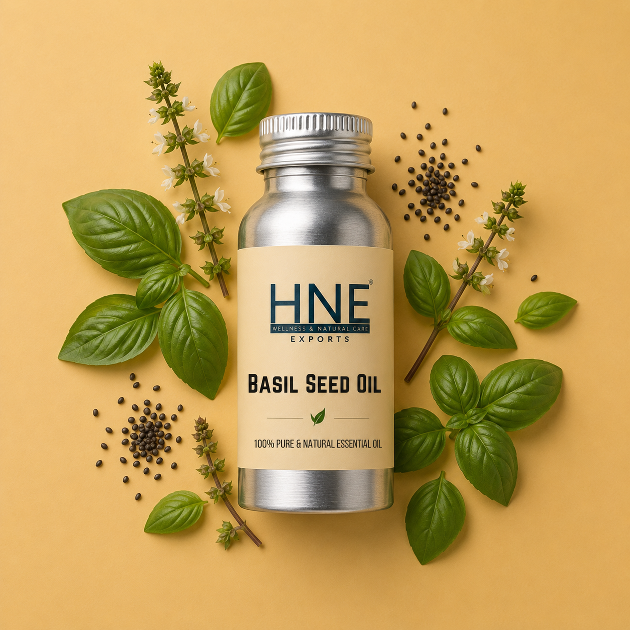 Bottle of HNE Basil Seed Oil surrounded by basil leaves and seeds on a yellow background