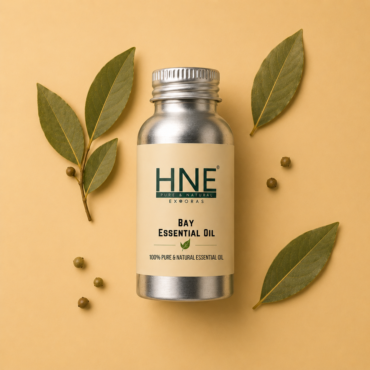 Bottle of HNE Bay Essential Oil with leaves and seeds on a beige background