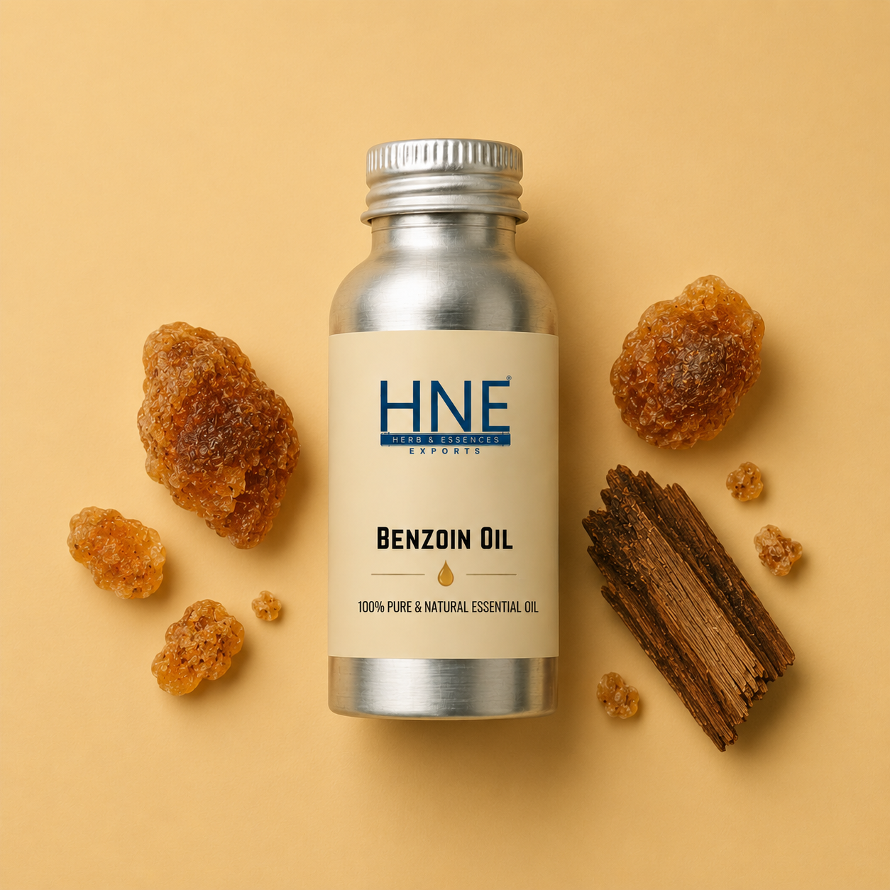 Bottle of HNE Benzoin Oil with benzoin resin and cinnamon sticks on a beige background