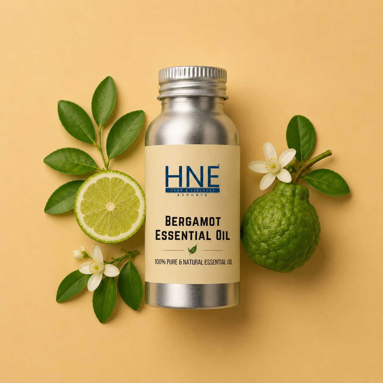 Bottle of Bergamot Essential Oil with lemon and lime on a beige background