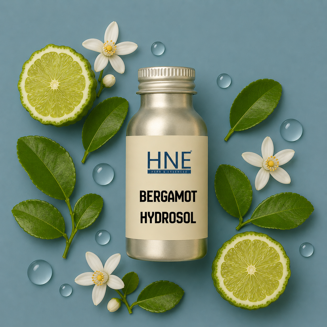 Bottle of HNE Bergamot Hydrosol surrounded by bergamot leaves and flowers on a blue background