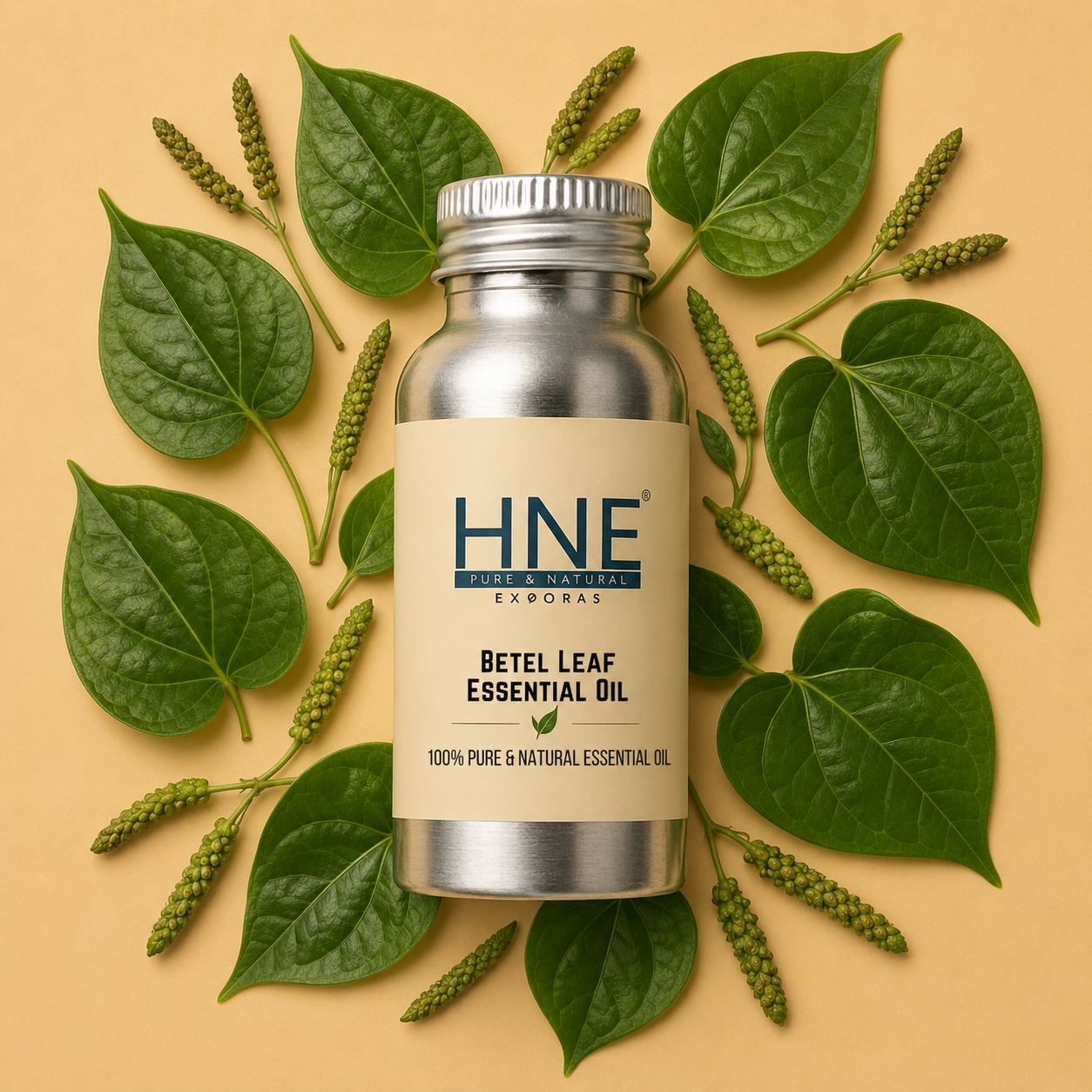 Bottle of HNE Betel Leaf Essential Oil surrounded by green leaves on a beige background