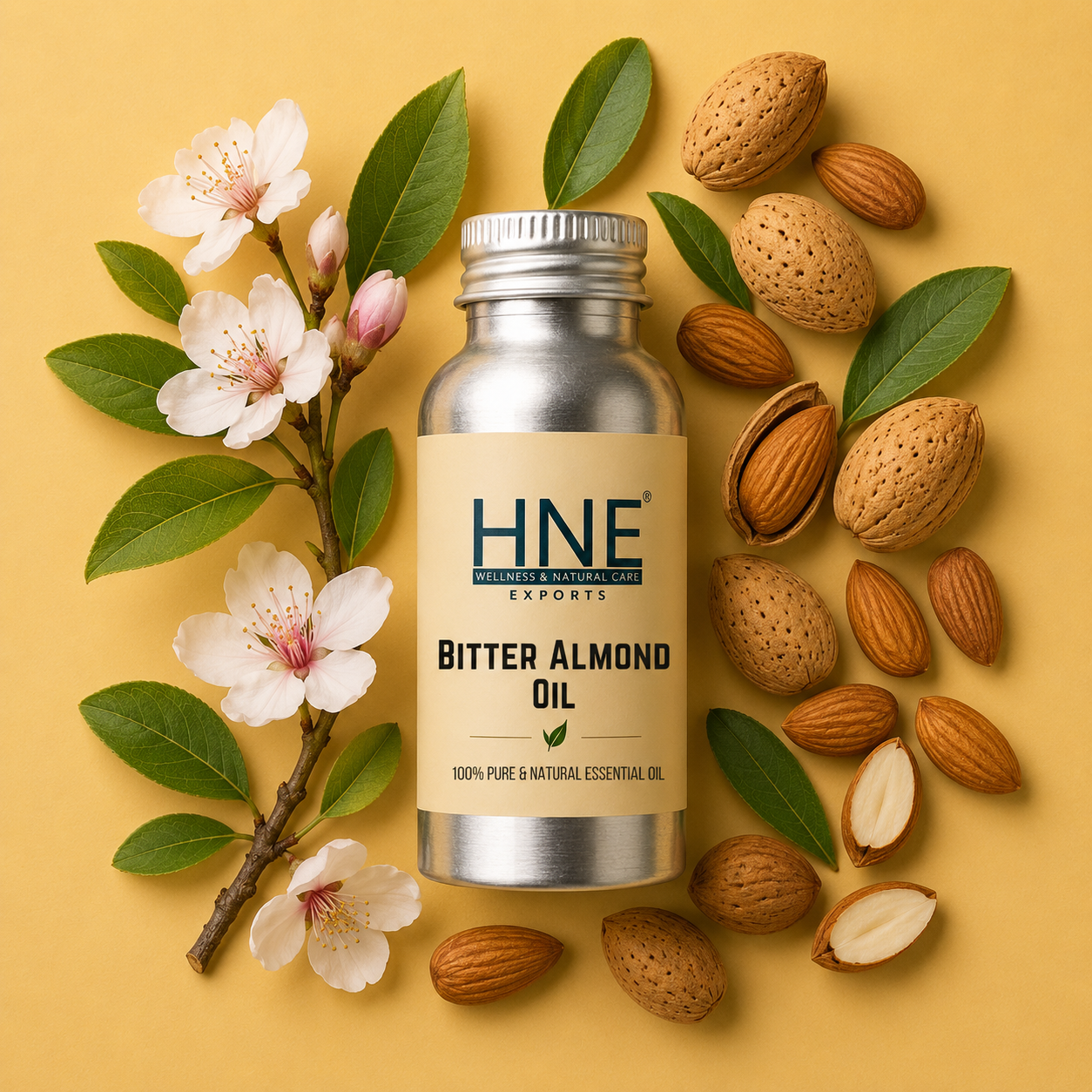 Bottle of HNE Bitter Almond Oil with almonds and flowers on a yellow background
