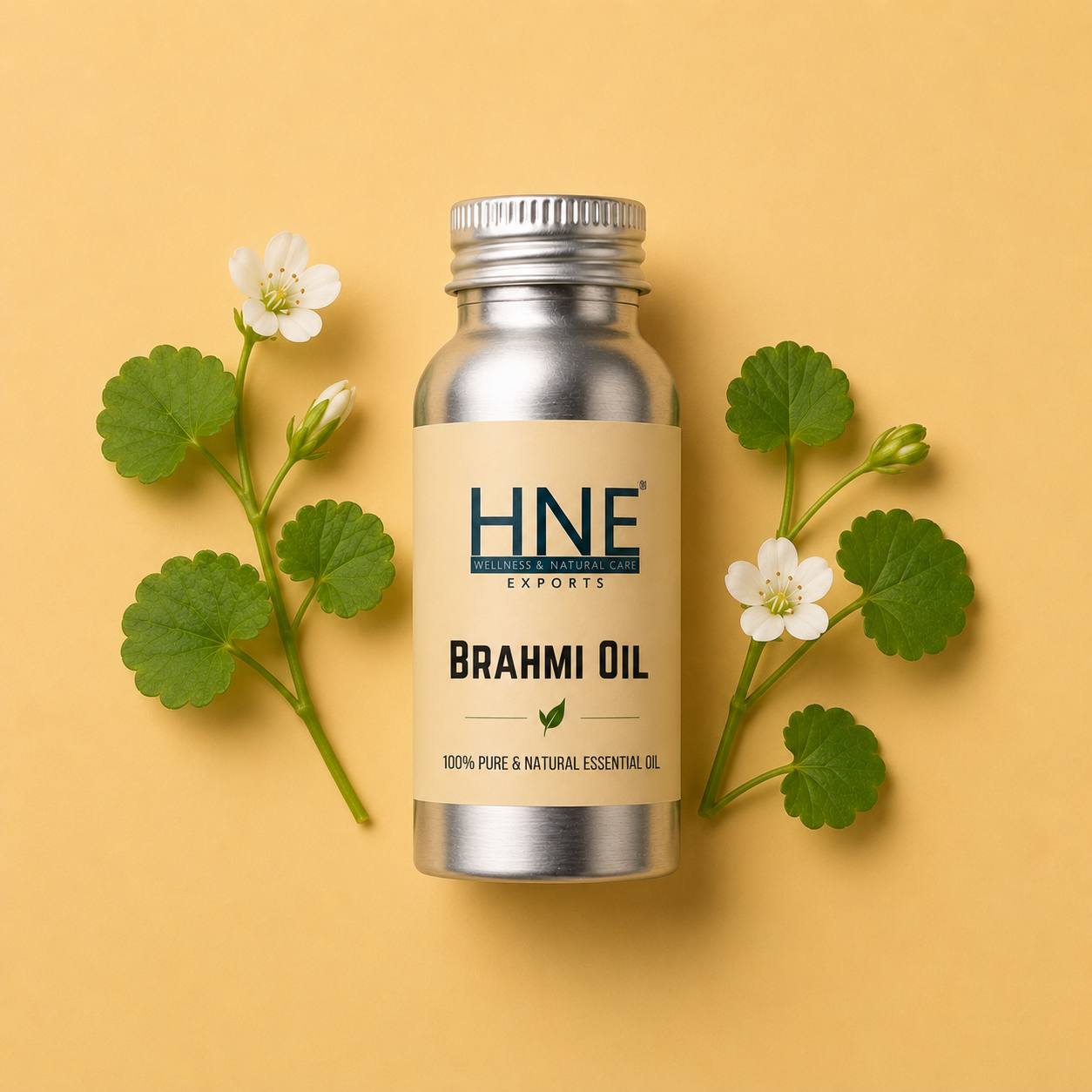 Bottle of HNE Brahmi Oil with green leaves and flowers on a yellow background