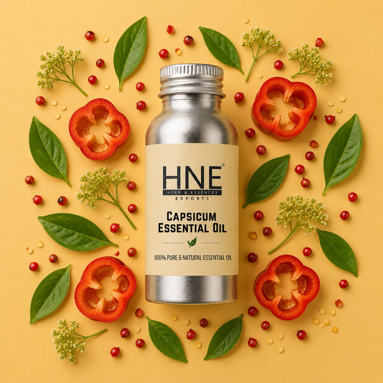 Capsicum essential oil bottle with peppers and leaves on a yellow background