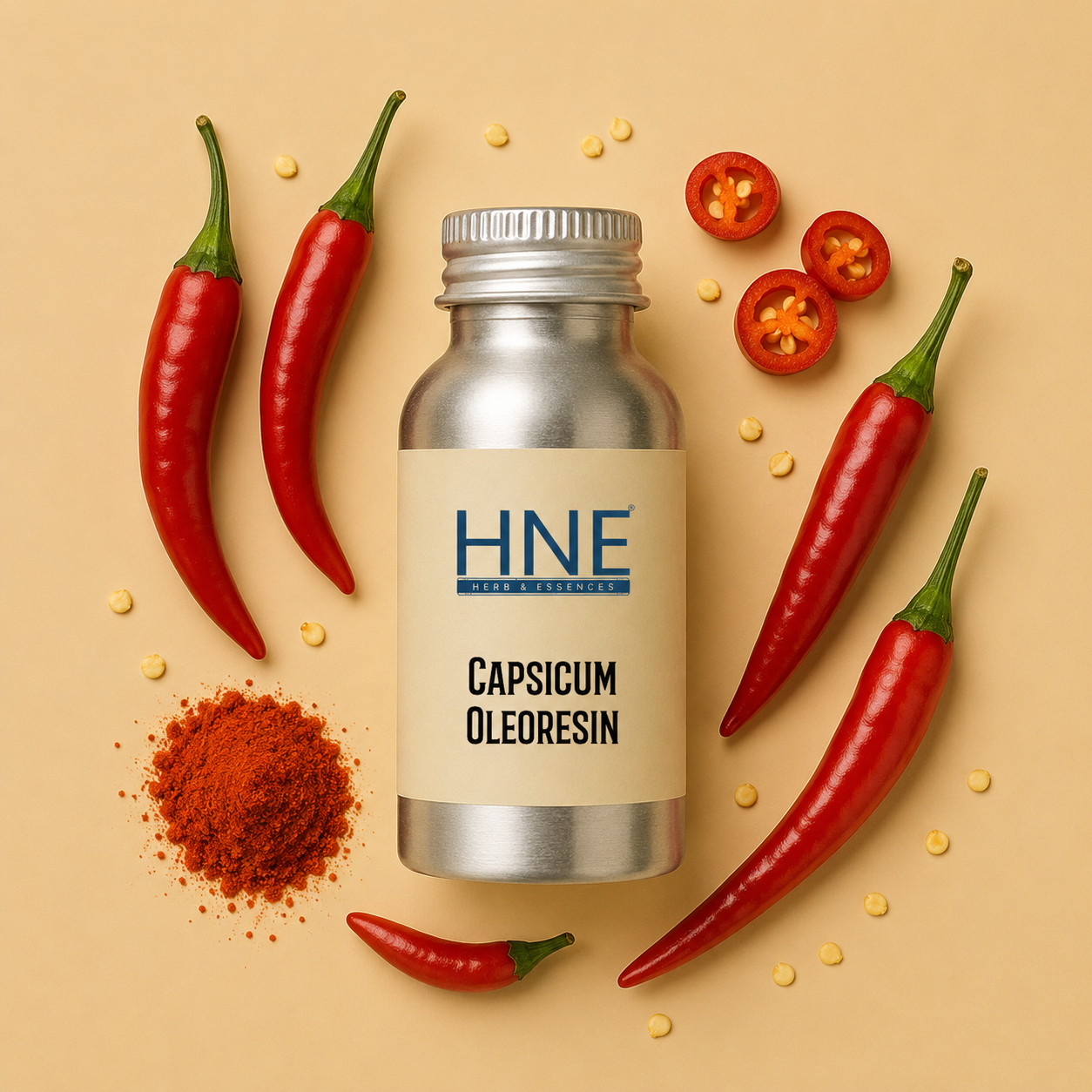 Bottle of HNE Capsicum Oleoresin with red peppers and powder on a beige background