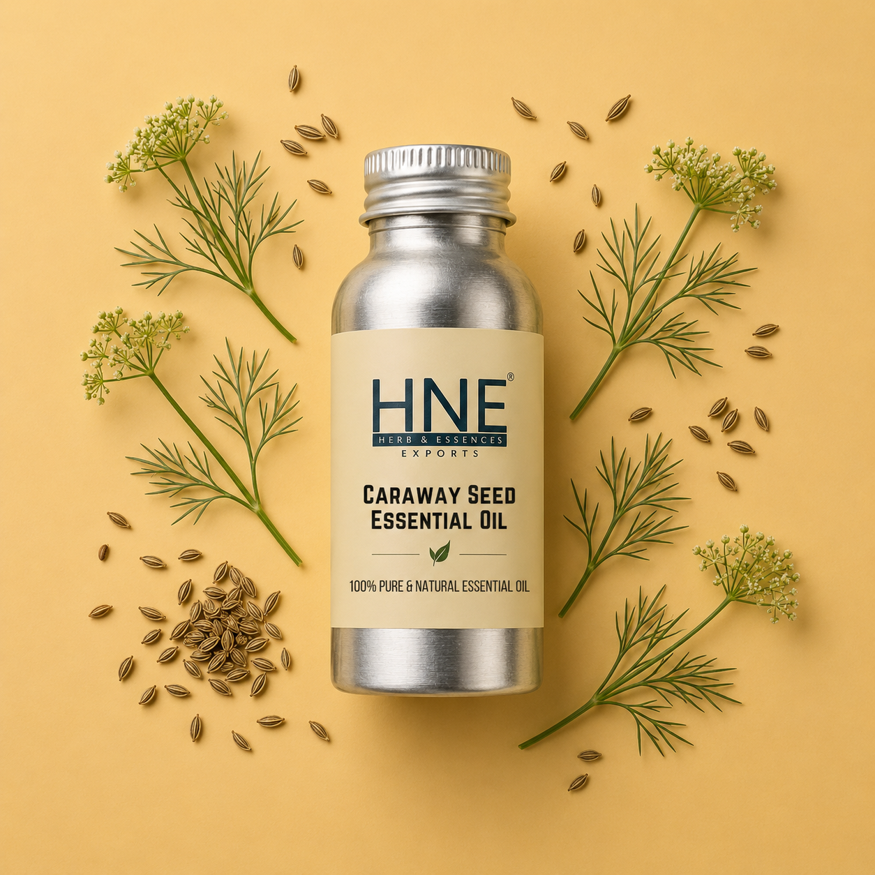 HNE Caraway Seed Essential Oil bottle with caraway seeds and plants on a yellow background