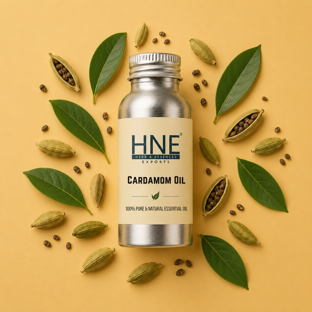 Bottle of HNF Cardamom Oil surrounded by cardamom pods and leaves on a yellow background