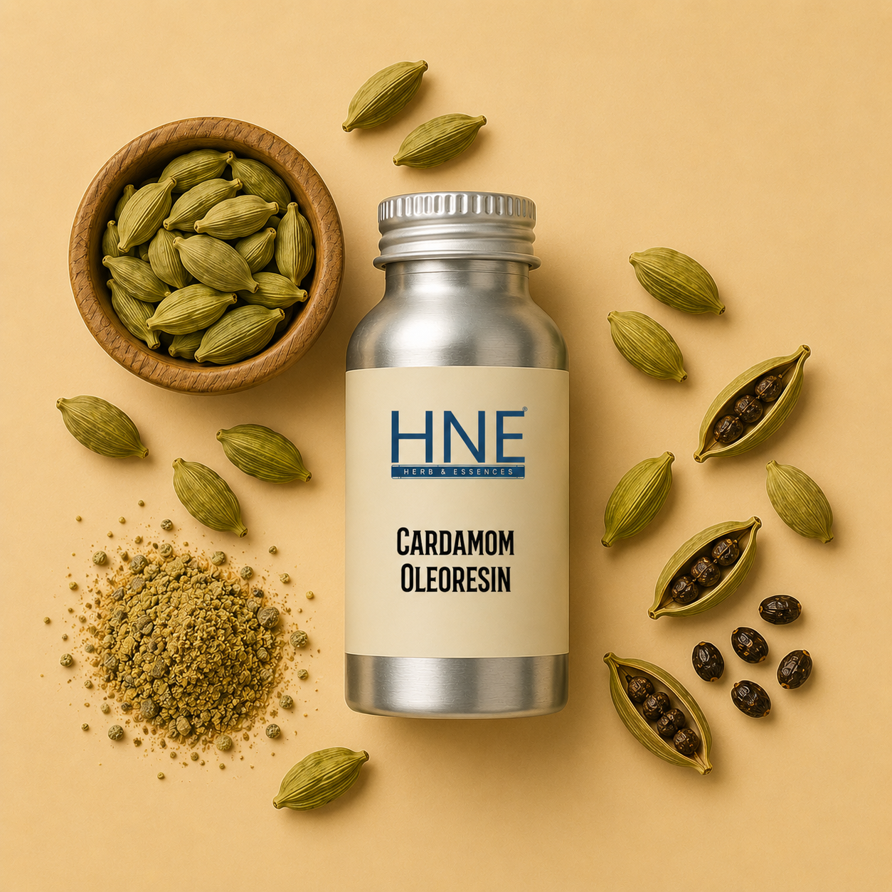 Bottle of HNE Cardamom Oleoresin with cardamom seeds and powder on a beige background