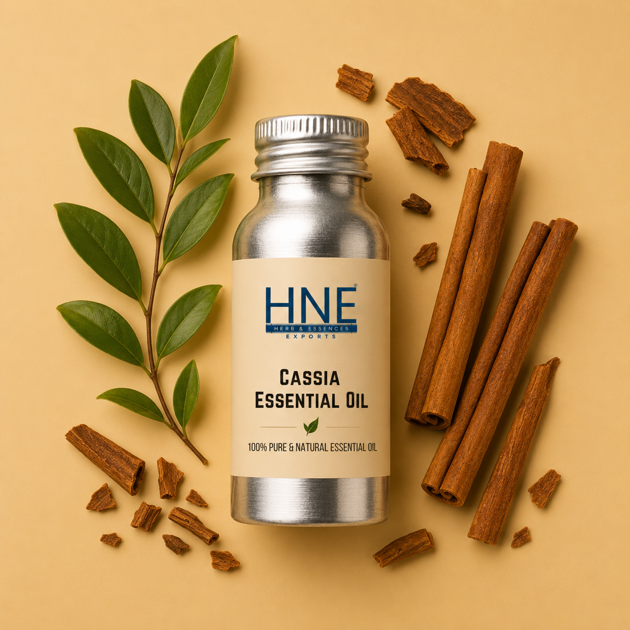 HNE Cassia Essential Oil bottle with cinnamon sticks and leaves on a beige background