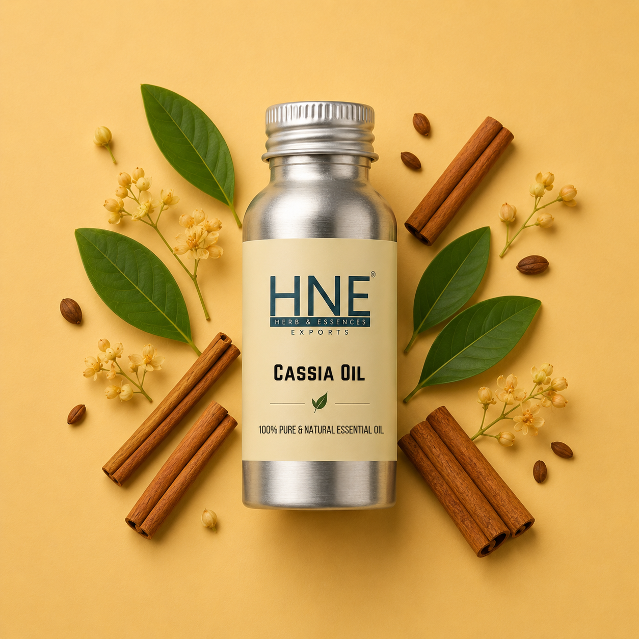 HNE Cassia Oil bottle with cinnamon sticks and leaves on a yellow background