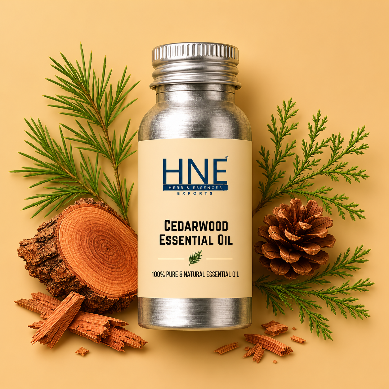 Bottle of Cedarwood Essential Oil with natural elements on a beige background
