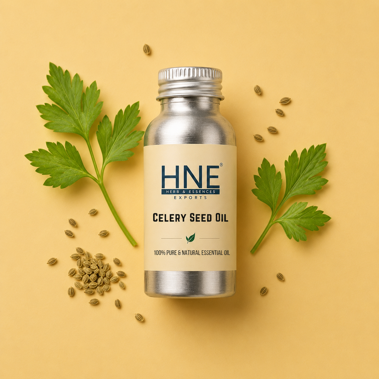Bottle of HNE Celery Seed Oil with celery seeds and leaves on a yellow background