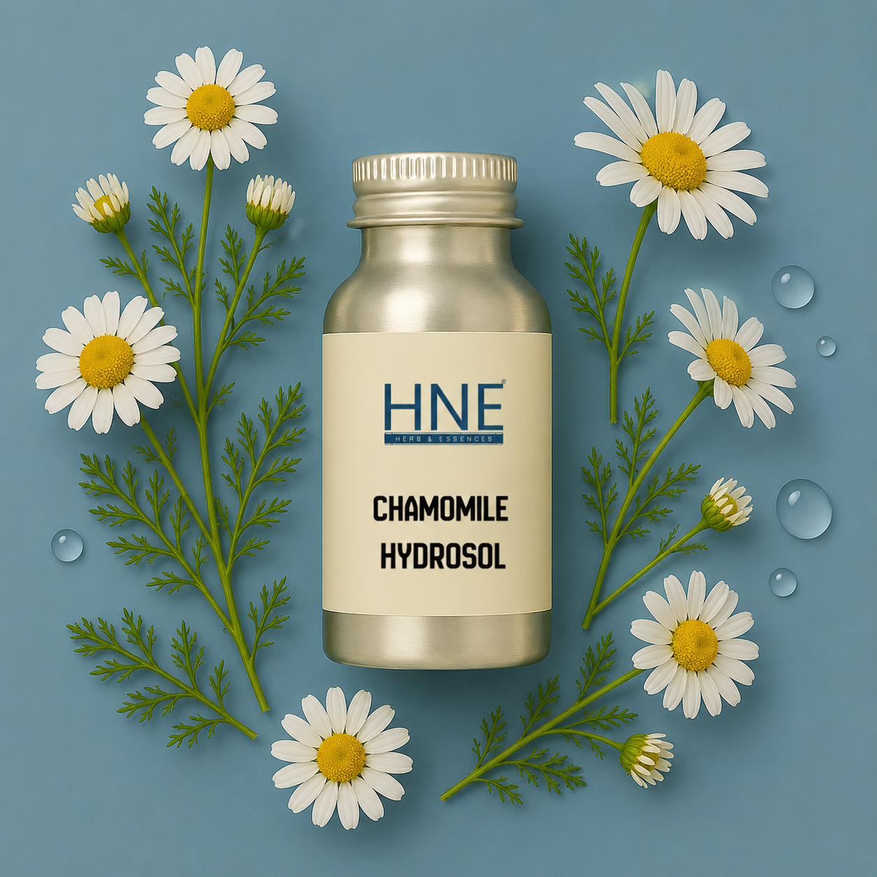 Bottle of HNE Chamomile Hydrosol surrounded by chamomile flowers on a blue background