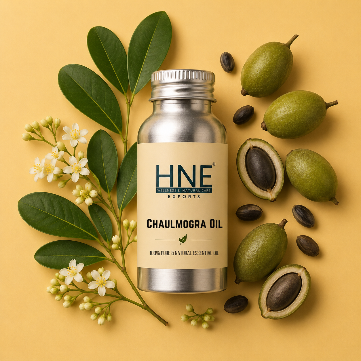 Bottle of HNE Chaulmoogra Oil with chaulmoogra fruits and leaves on a yellow background