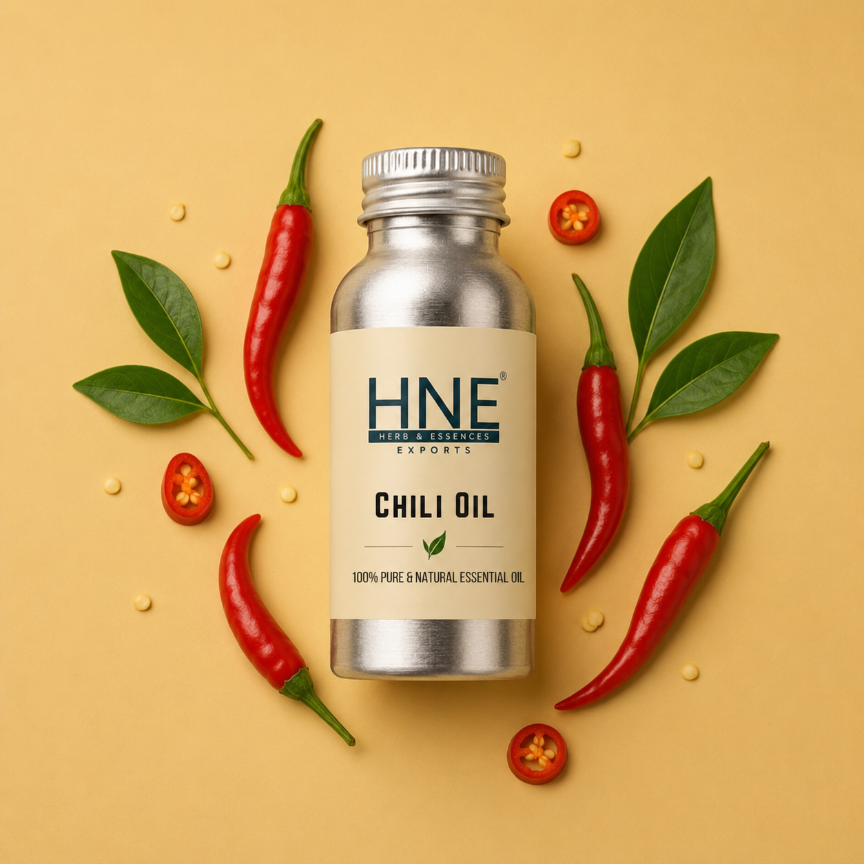 Bottle of HNE Chili  Essential Oil surrounded by red chili peppers and leaves on a beige background