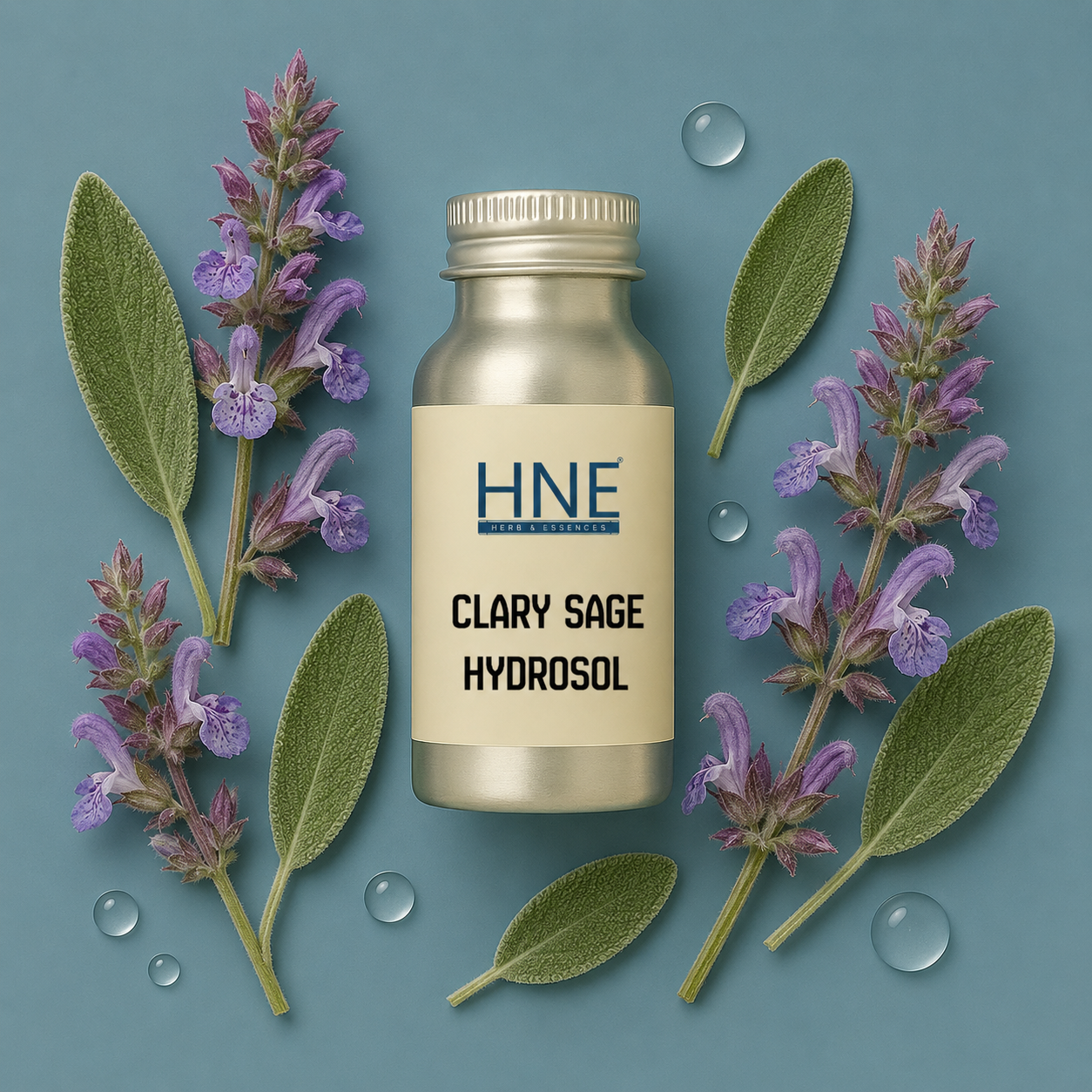 Bottle of HNE Clary Sage Hydrosol surrounded by clary sage flowers and leaves on a blue background