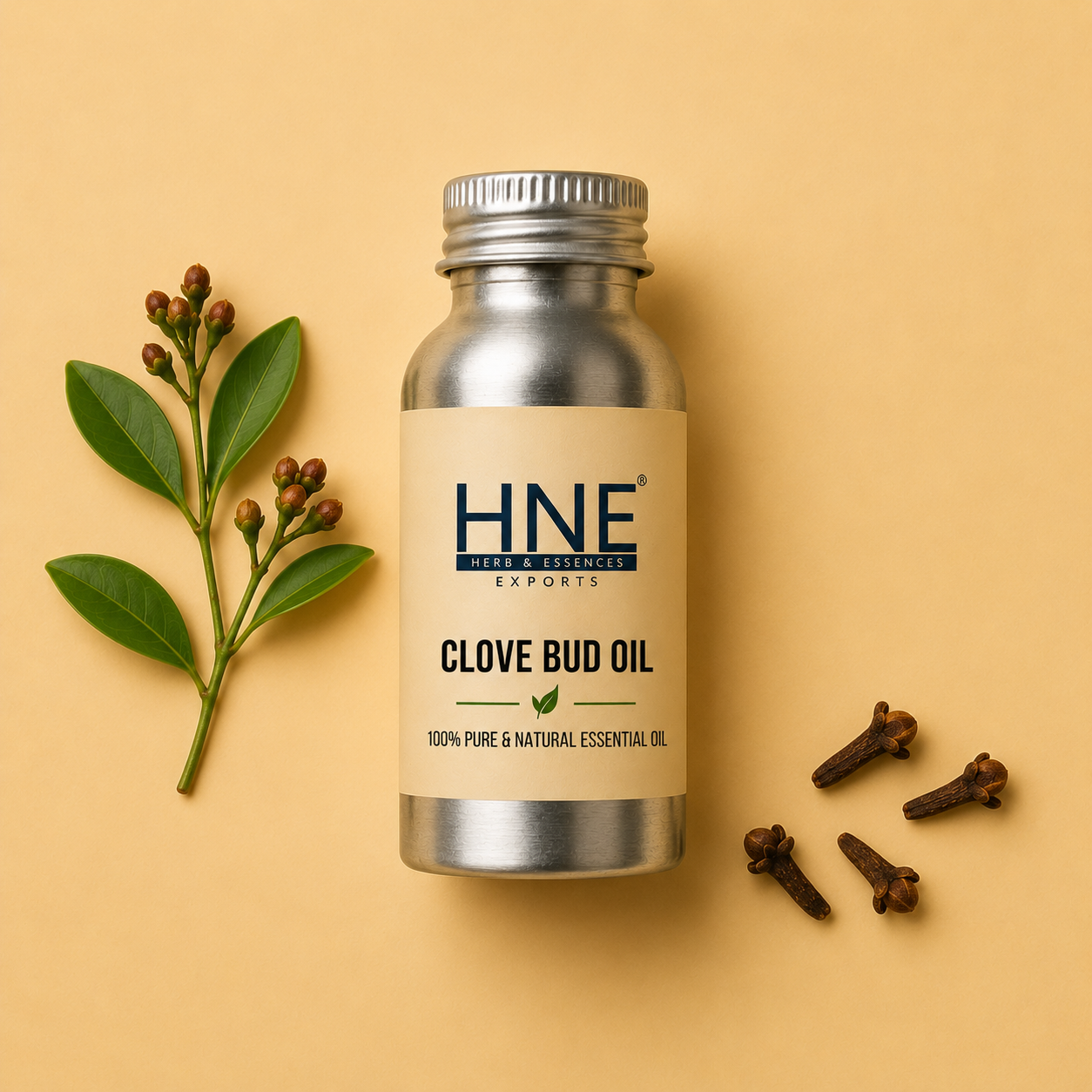 Bottle of HNE Clove Bud Oil with clove buds and leaves on a beige background
