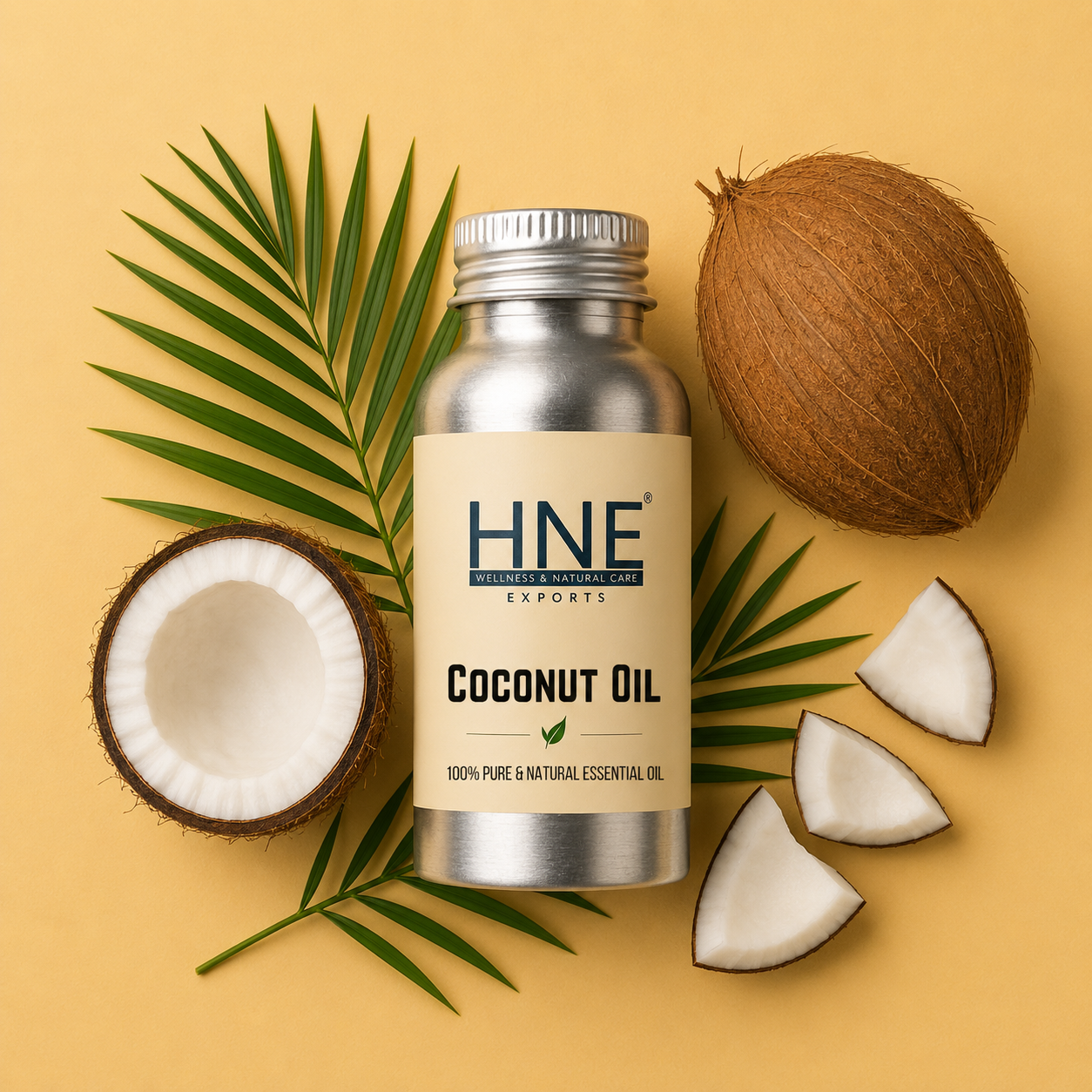 Bottle of HNE Coconut Oil with coconuts and leaves on a yellow background