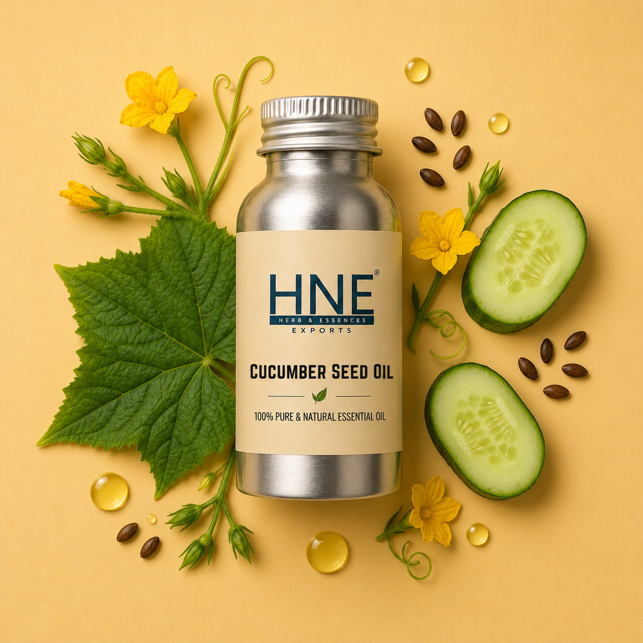 Bottle of HNE Cucumber Seed Oil with cucumber slices, seeds, and flowers on a yellow background