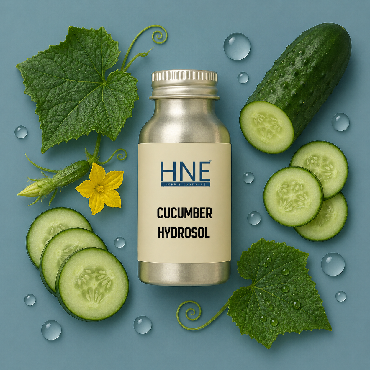 Bottle of HNE Cucumber Hydrosol surrounded by cucumbers and leaves on a blue background