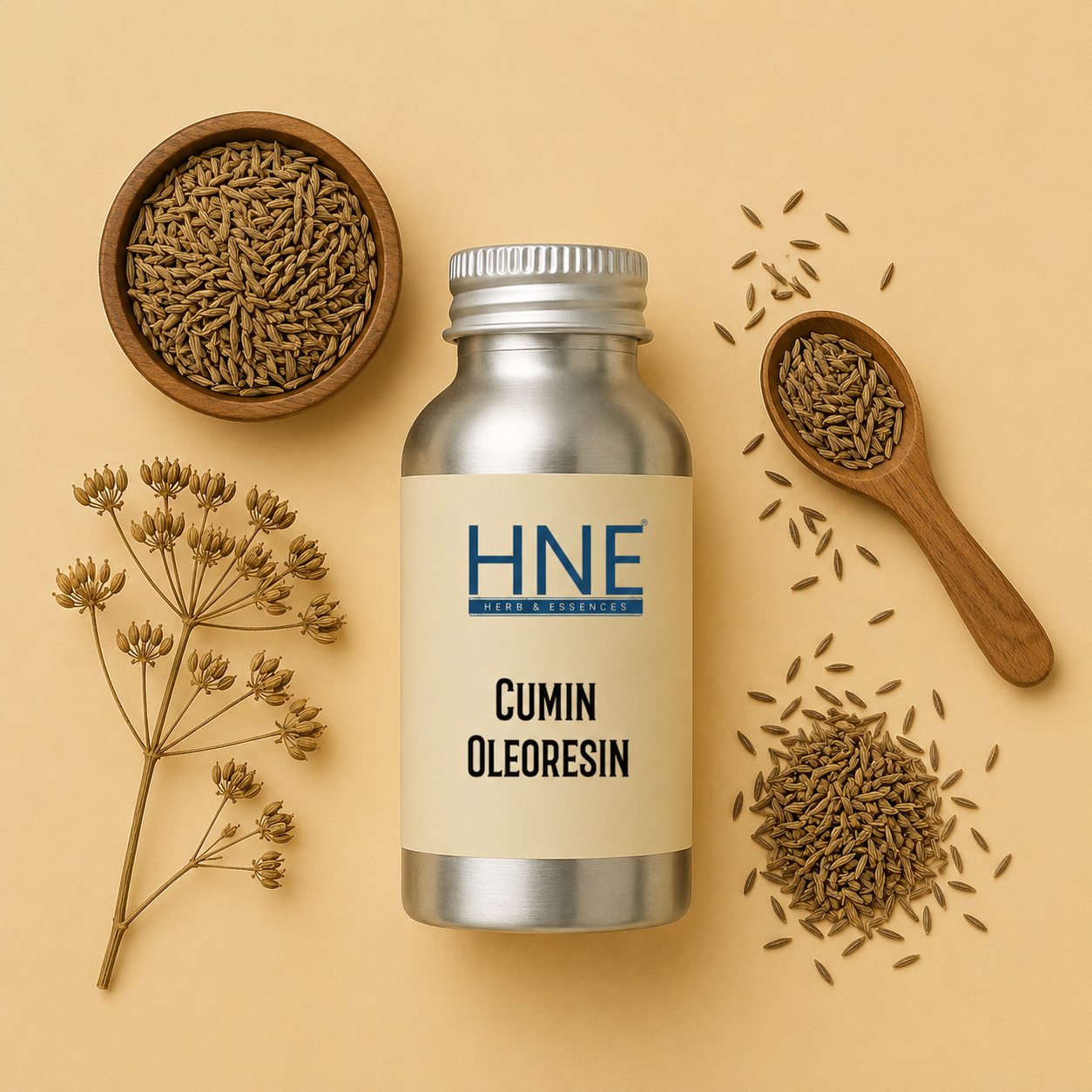 Bottle of HNE Cumin Oleoresin with cumin seeds and a wooden spoon on a beige background