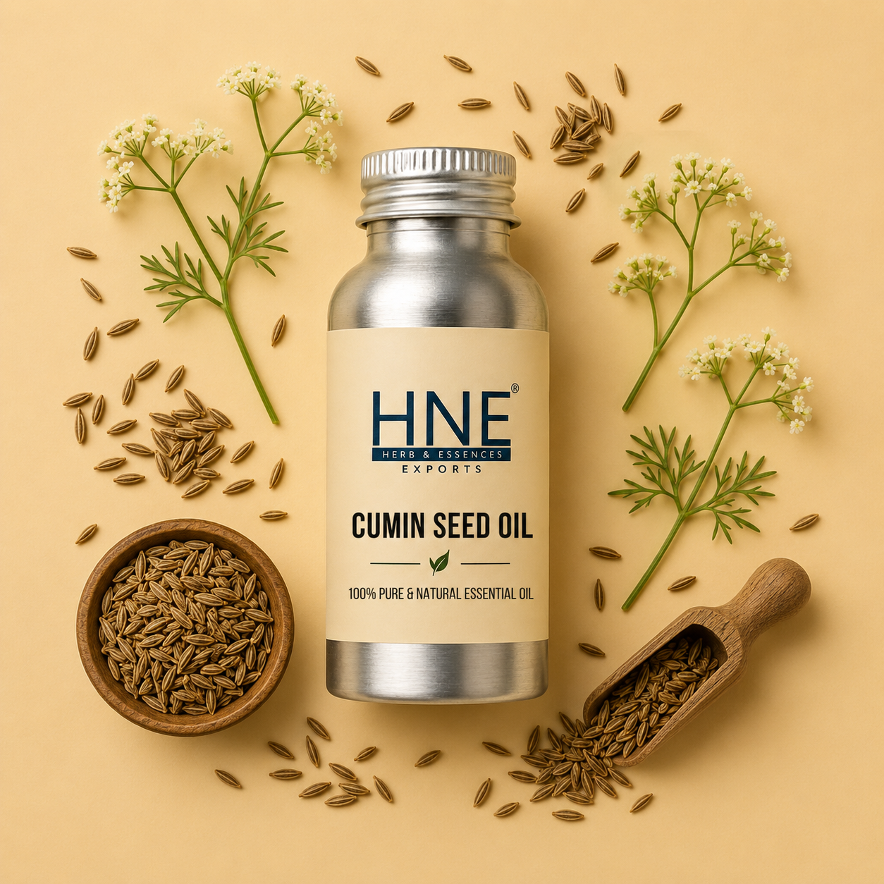 Cumin seed oil bottle with cumin seeds and plants on a beige background
