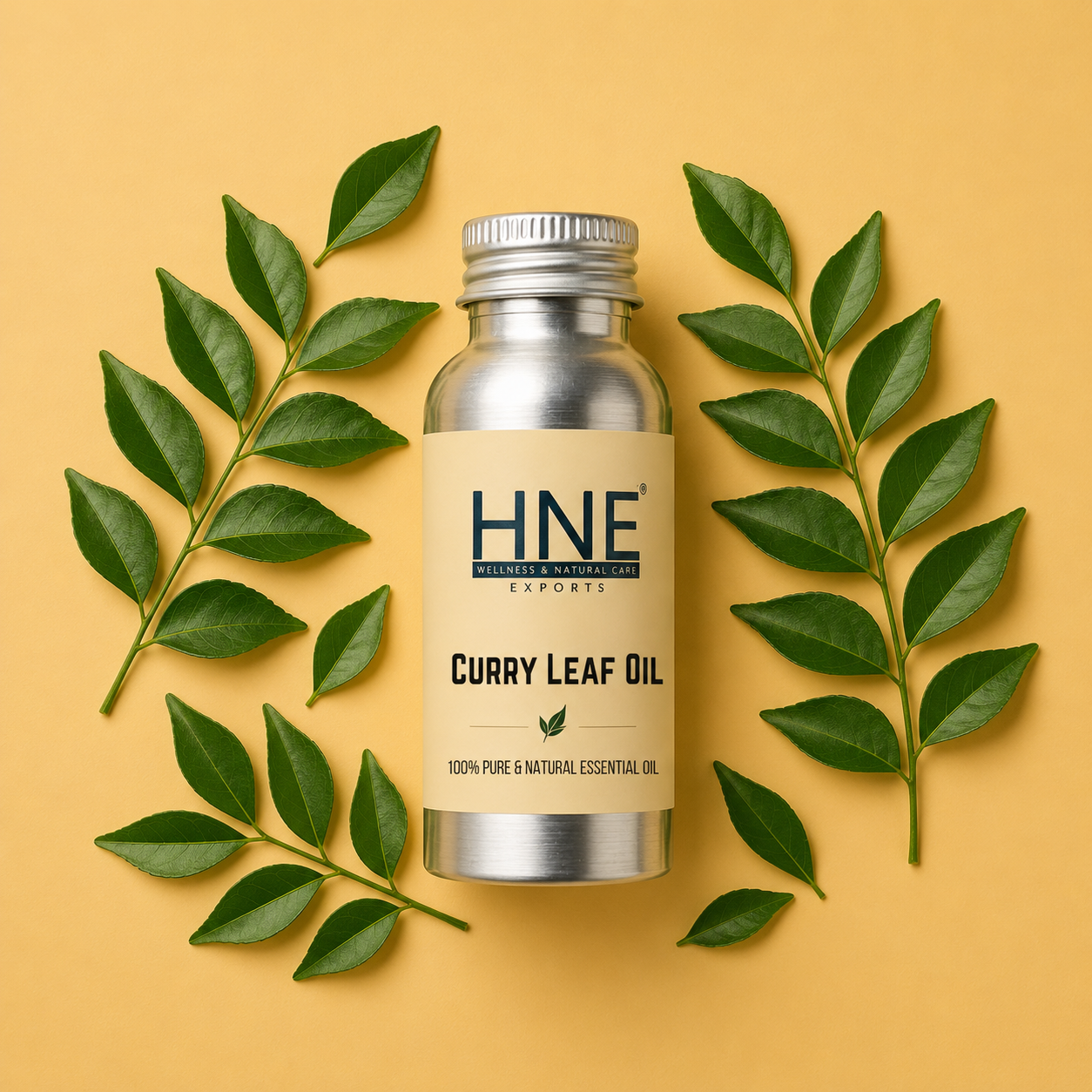 Bottle of HNE Curry Leaf Oil surrounded by curry leaves on a yellow background