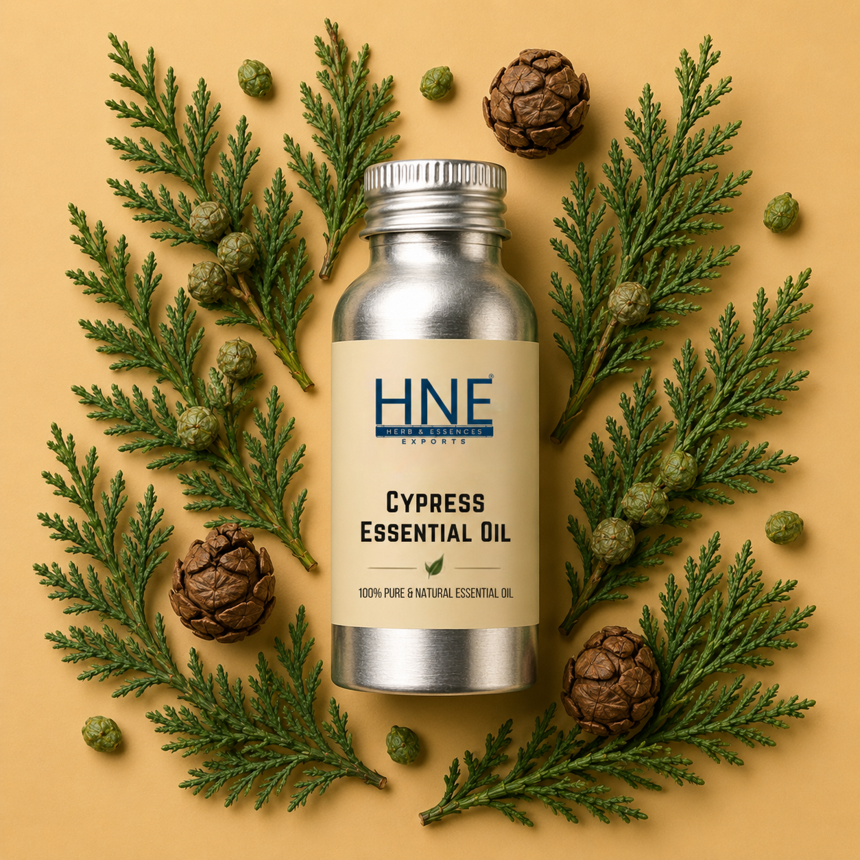 Bottle of HNE Cypress Essential Oil surrounded by cypress branches and cones on a beige background
