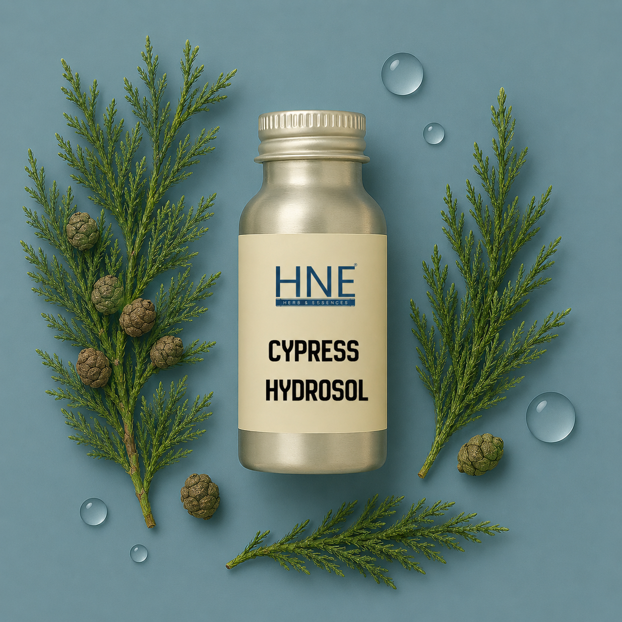 Bottle of HNE Cypress Hydrosol with cypress branches and cones on a blue background