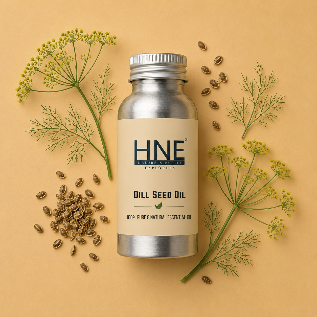 Dill Seed essential oil bottle with leaves and seeds on a yellow background
