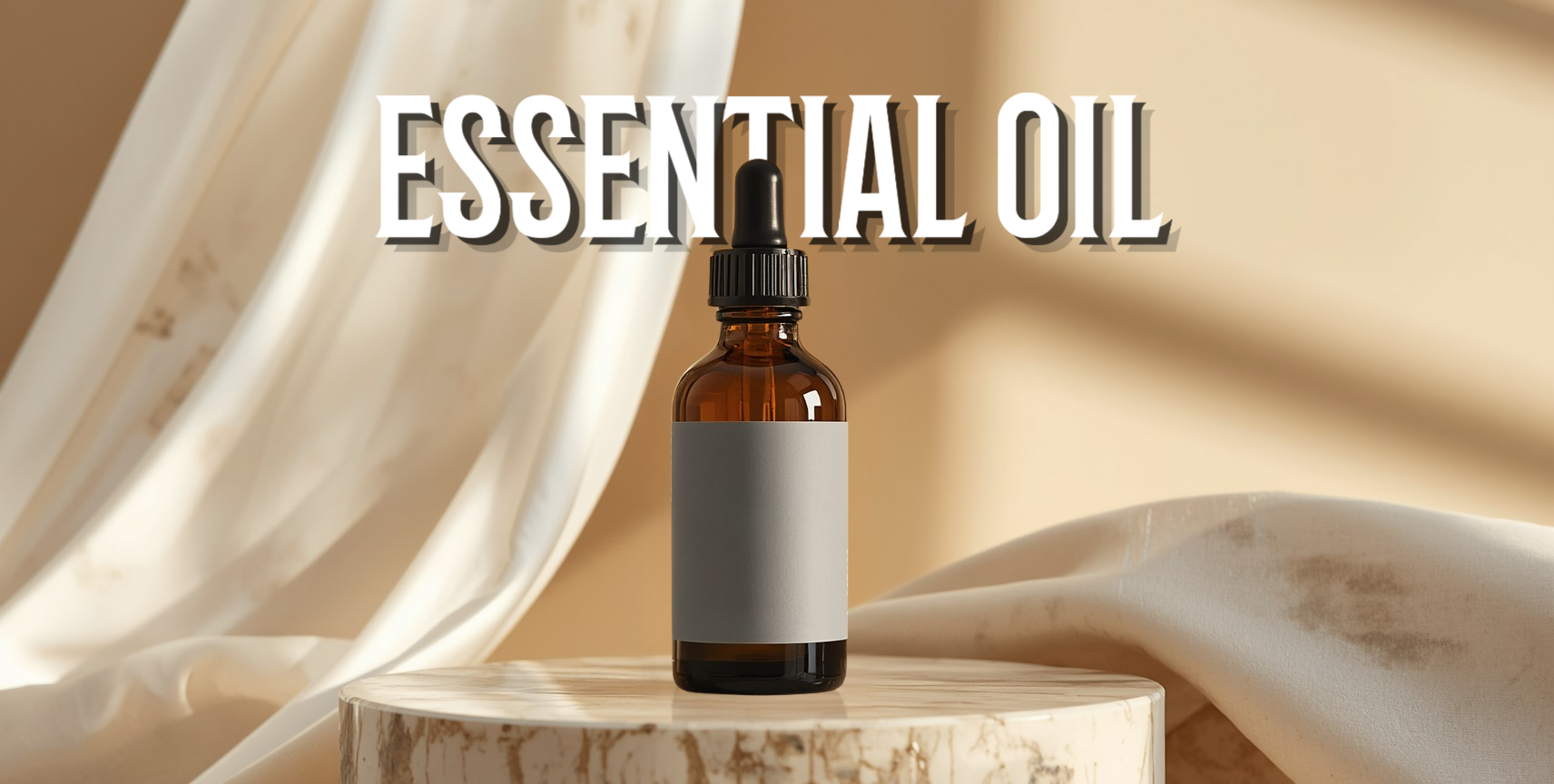 Essential oil bottle with a dropper on a beige background
