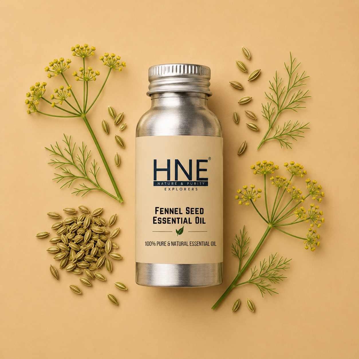 Fennel seed essential oil bottle with fennel seeds and plants on a beige background