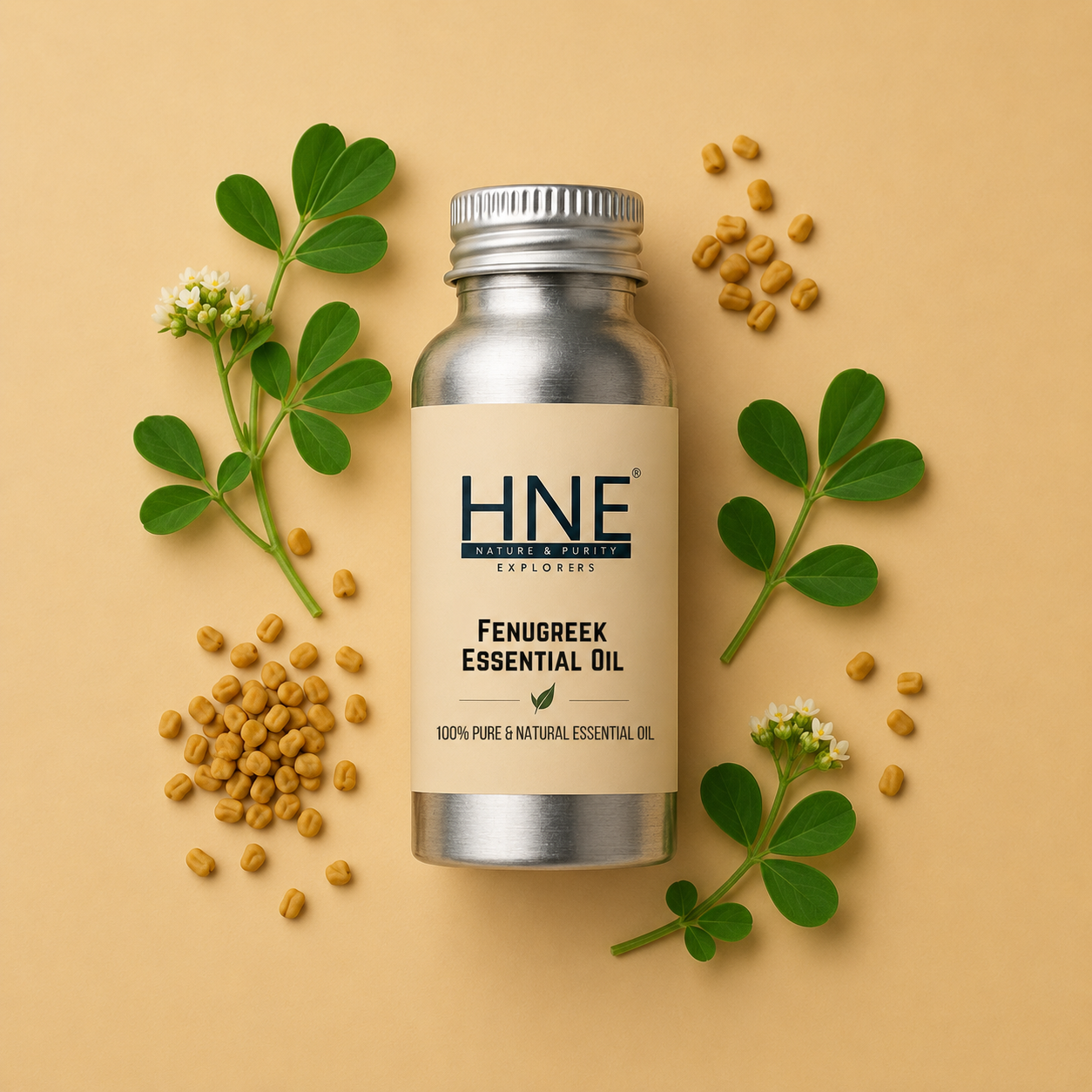 Fenugreek essential oil bottle with fenugreek seeds and leaves on a beige background