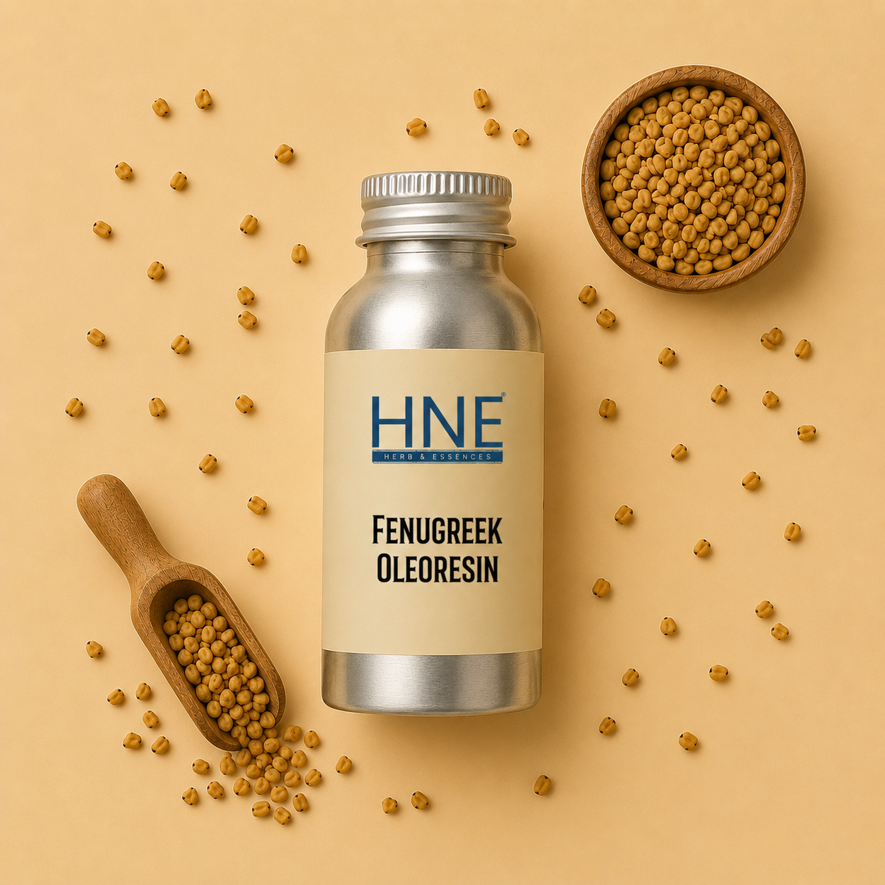 Bottle of HNE Fenugreek Oleoresin with fenugreek seeds on a beige background