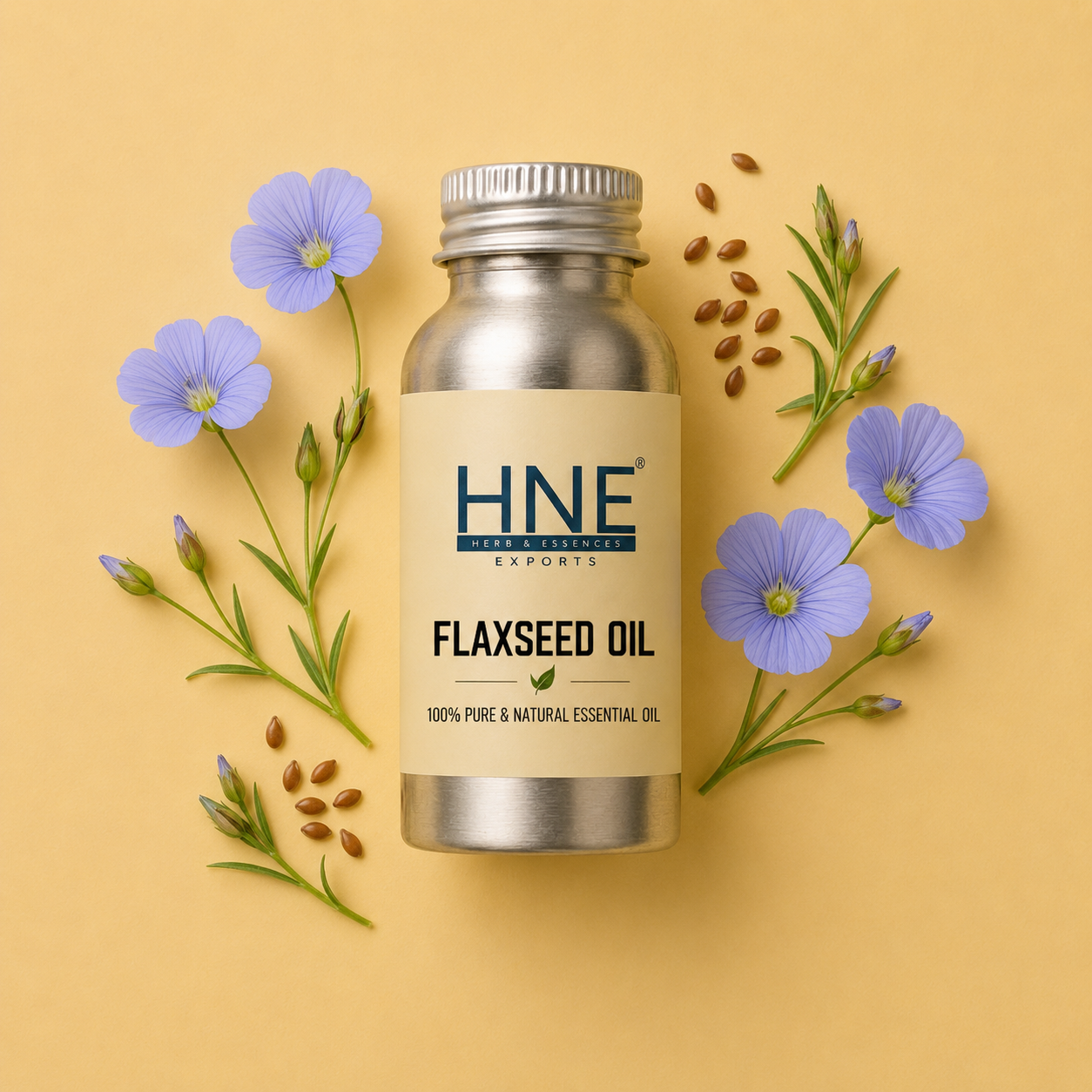 Bottle of HNE Flaxseed Oil with flaxseeds and flowers on a yellow background