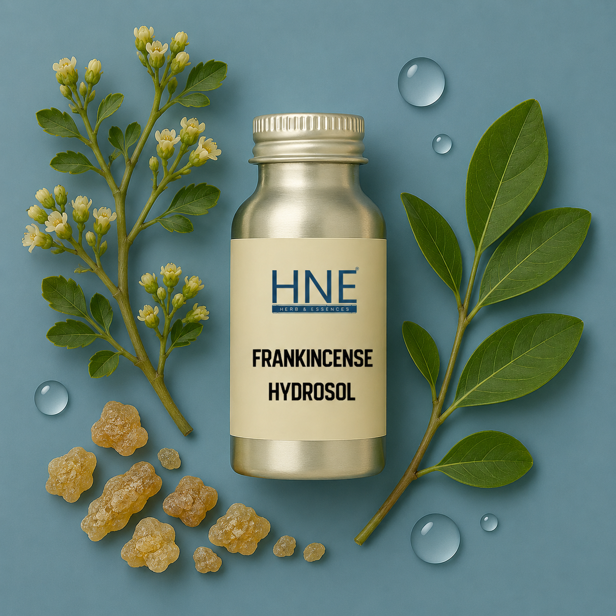 Bottle of HNE Frankincense Hydrosol with frankincense resin and leaves on a blue background