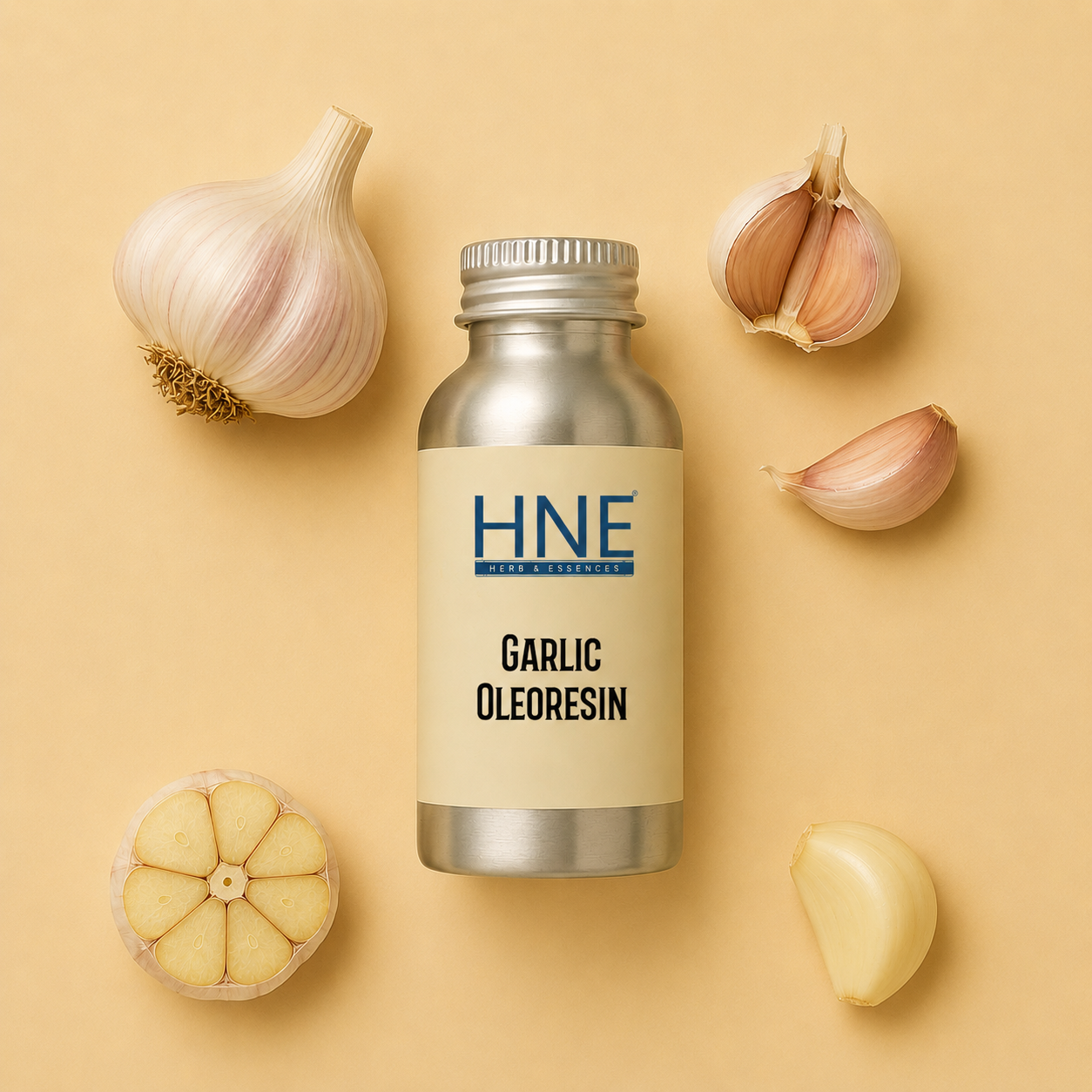 Bottle of HNE Garlic Oleoresin with garlic bulbs on a beige background